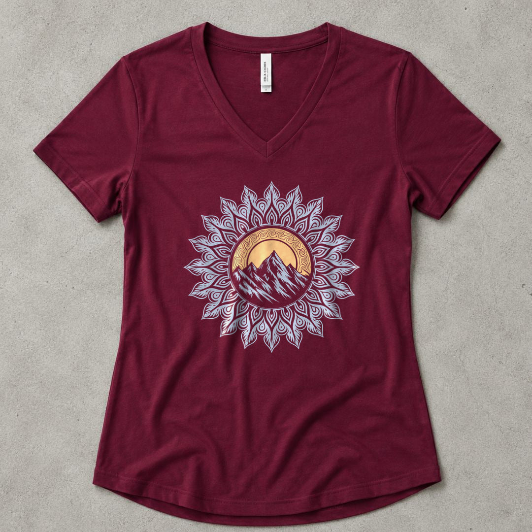 Mountain Mandala V-Neck - women's relaxed v-neck tee in Maroon from Summit Soul