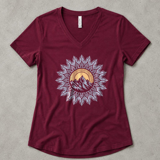 Mountain Mandala V-Neck - women's relaxed v-neck tee in Maroon from Summit Soul
