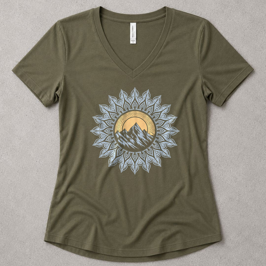 Mountain Mandala V-Neck - women's relaxed v-neck tee in Military Green from Summit Soul