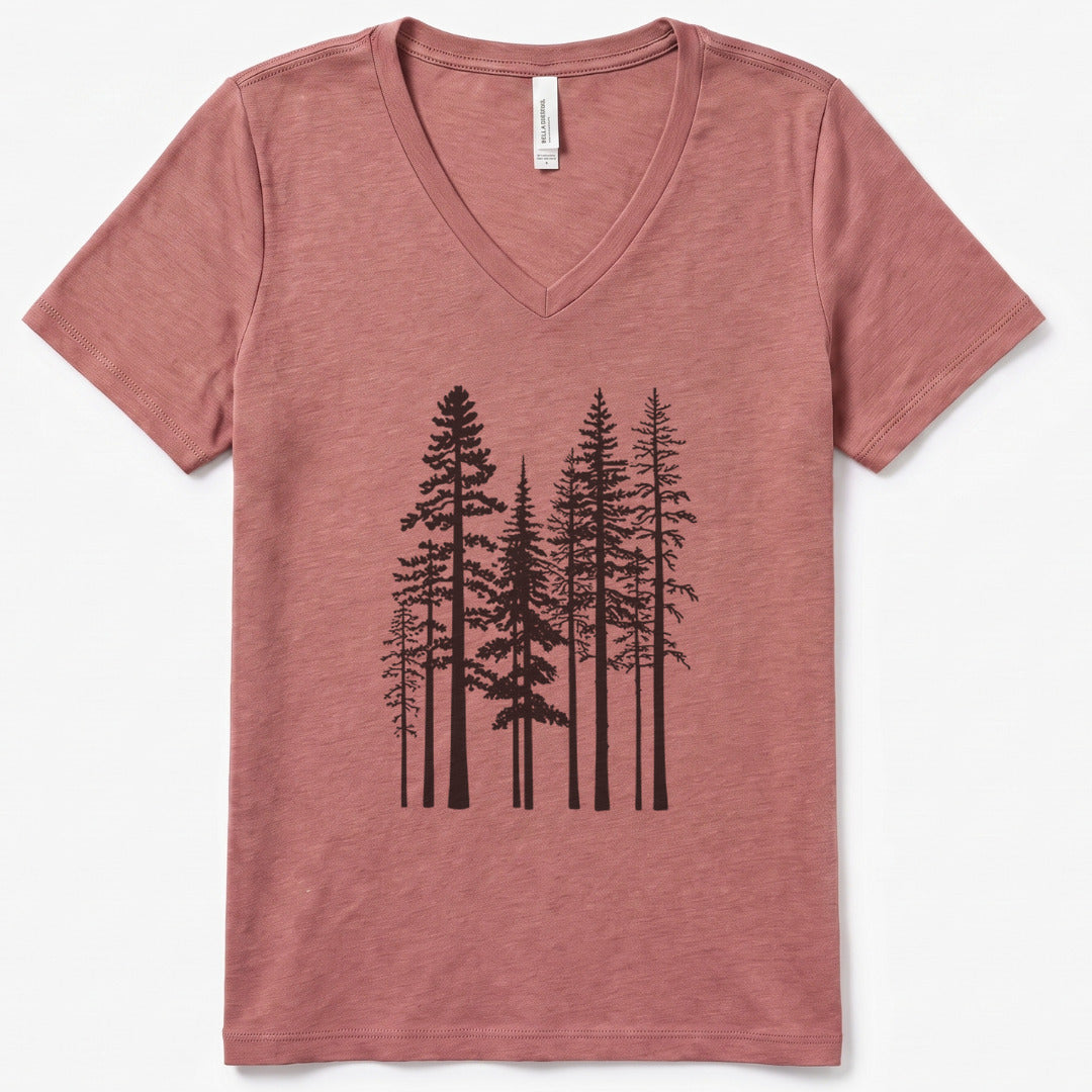Pine Trees V-Neck Heather - women's relaxed v-neck tee in Heather Mauve from Summit Soul