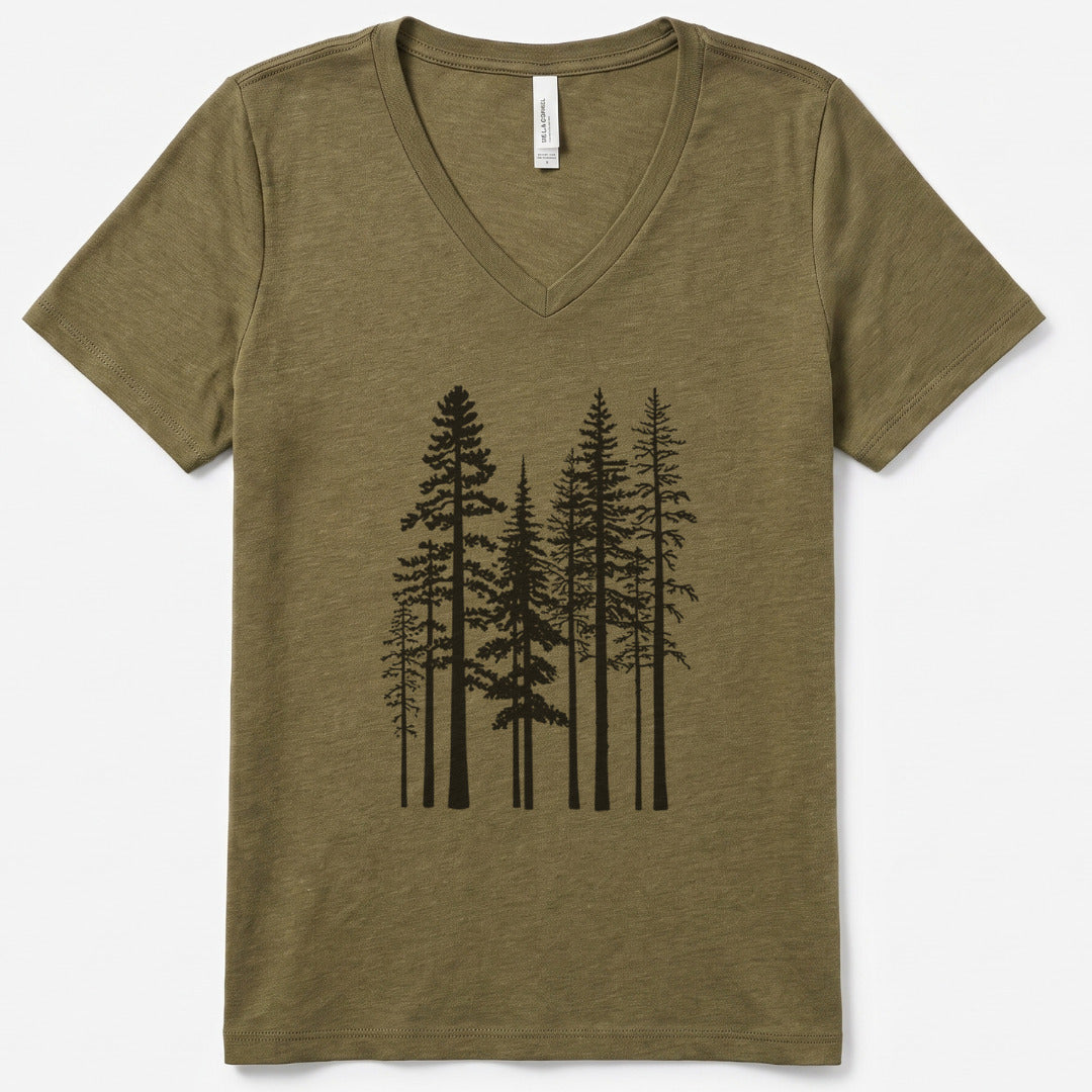 Pine Trees V-Neck Heather - women's relaxed v-neck tee in Heather Olive from Summit Soul