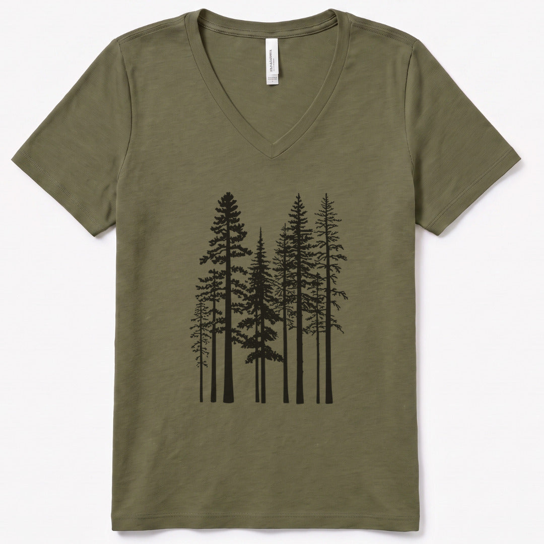Pine Trees V-Neck - women's relaxed v-neck tee in Military Green from Summit Soul