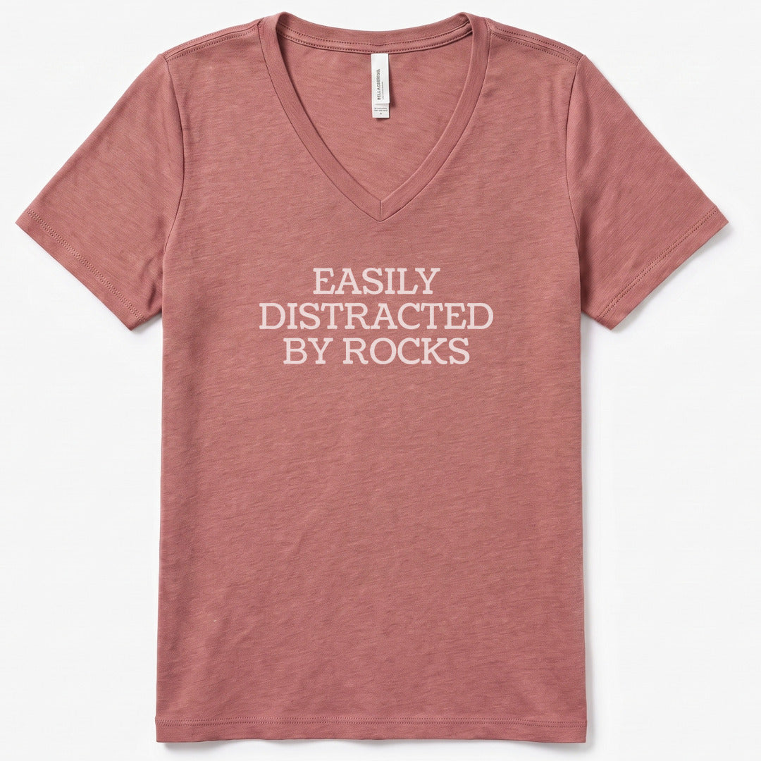 Easily Distracted By Rocks V-Neck Heather - women's relaxed v-neck tee in Heather Mauve from Summit Soul