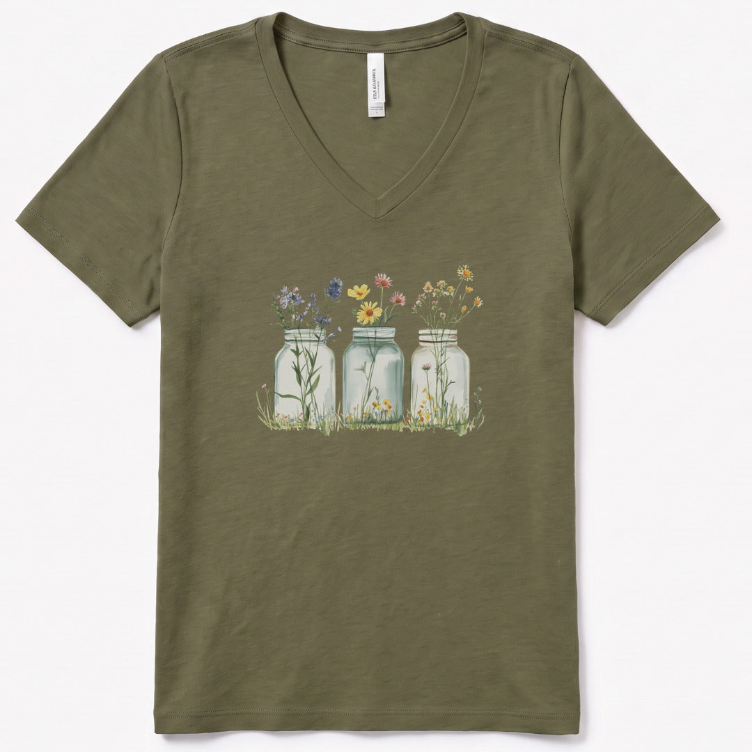 Wildflowers In A Glass V-Neck - women's relaxed v-neck tee in Military Green from Summit Soul