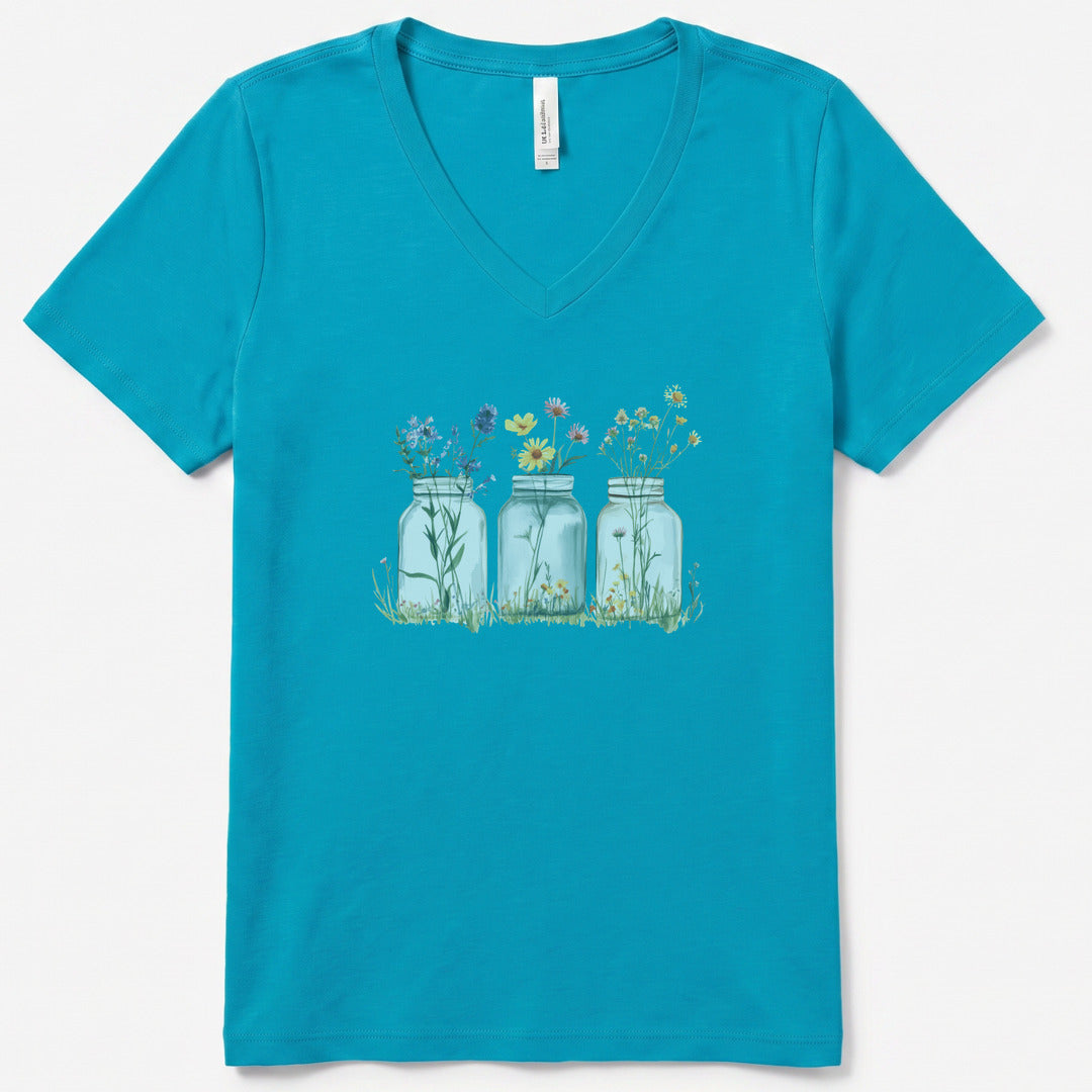 Wildflowers In A Glass V-Neck - women's relaxed v-neck tee in Turquoise from Summit Soul