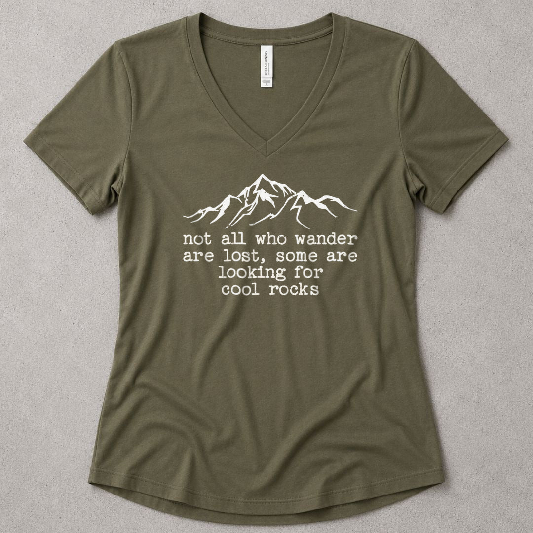 Wanderlust & Rocks V-Neck - women's relaxed v-neck tee in Military Green from Summit Soul
