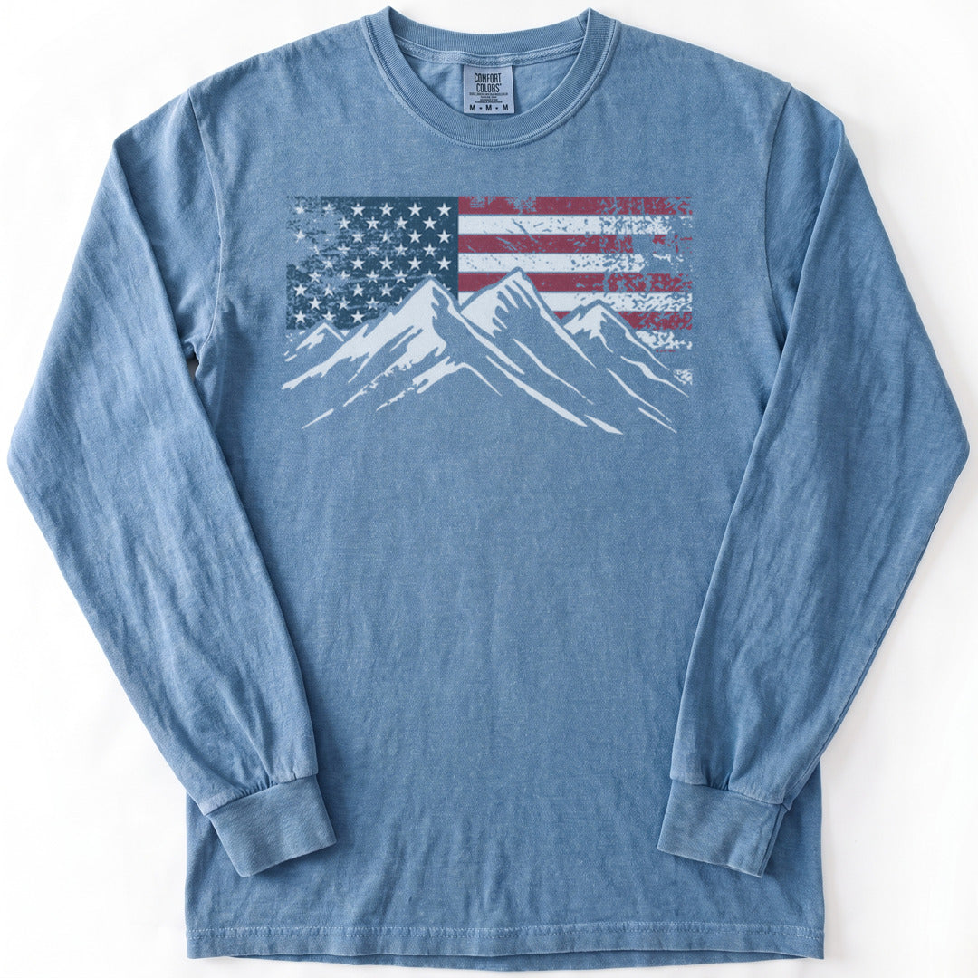 4th July Patriotic Peaks Premium LS - Comfort Colors garment-dyed long sleeve in Blue Jean from Summit Soul