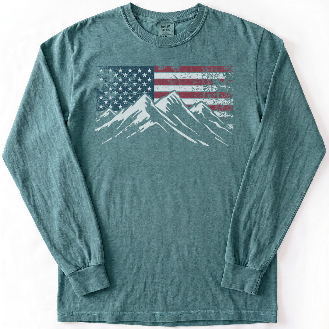 4th July Patriotic Peaks Premium LS - Comfort Colors garment-dyed long sleeve in Blue Spruce from Summit Soul