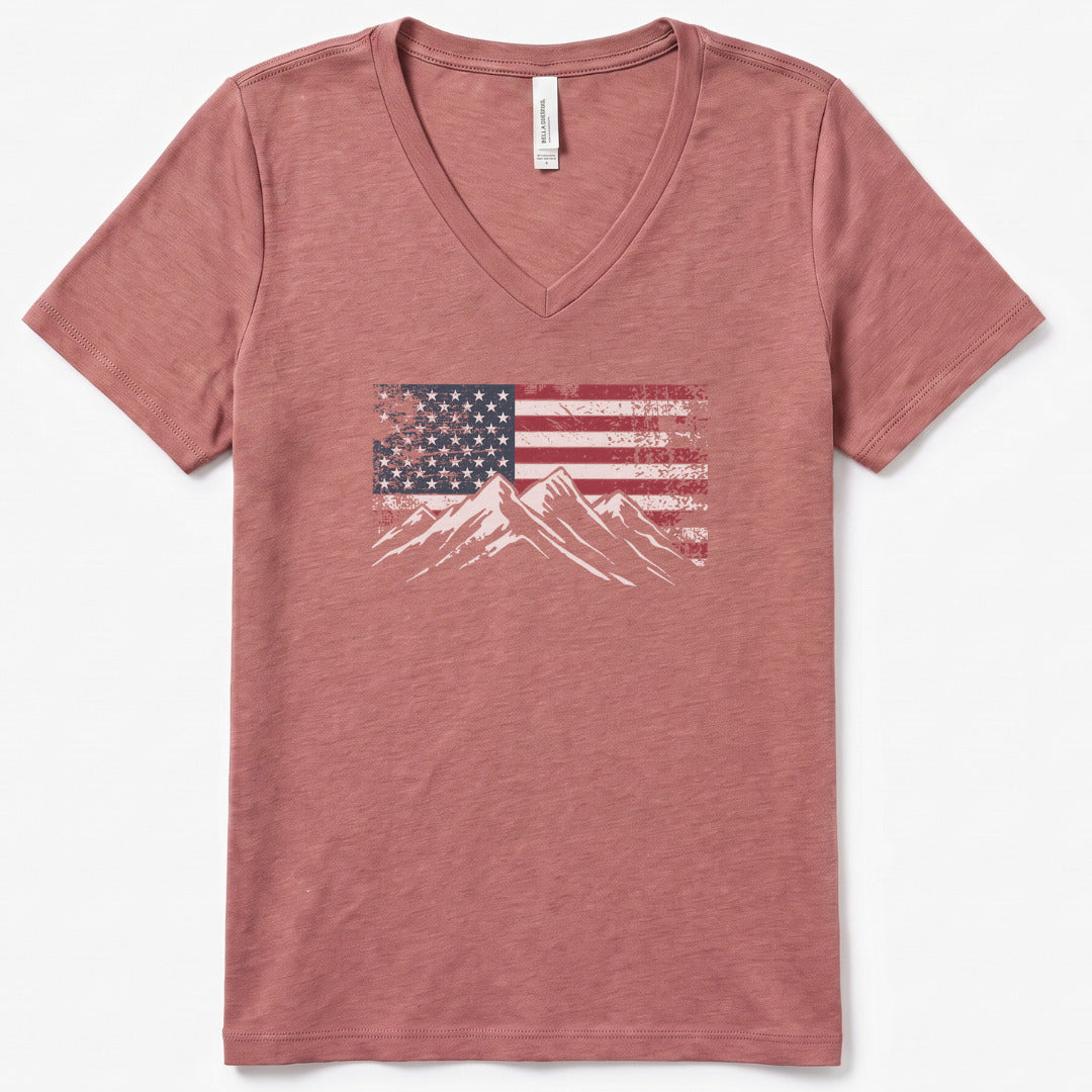 4th July Patriotic Peaks V-Neck Heather - women's relaxed v-neck tee in Heather Mauve from Summit Soul