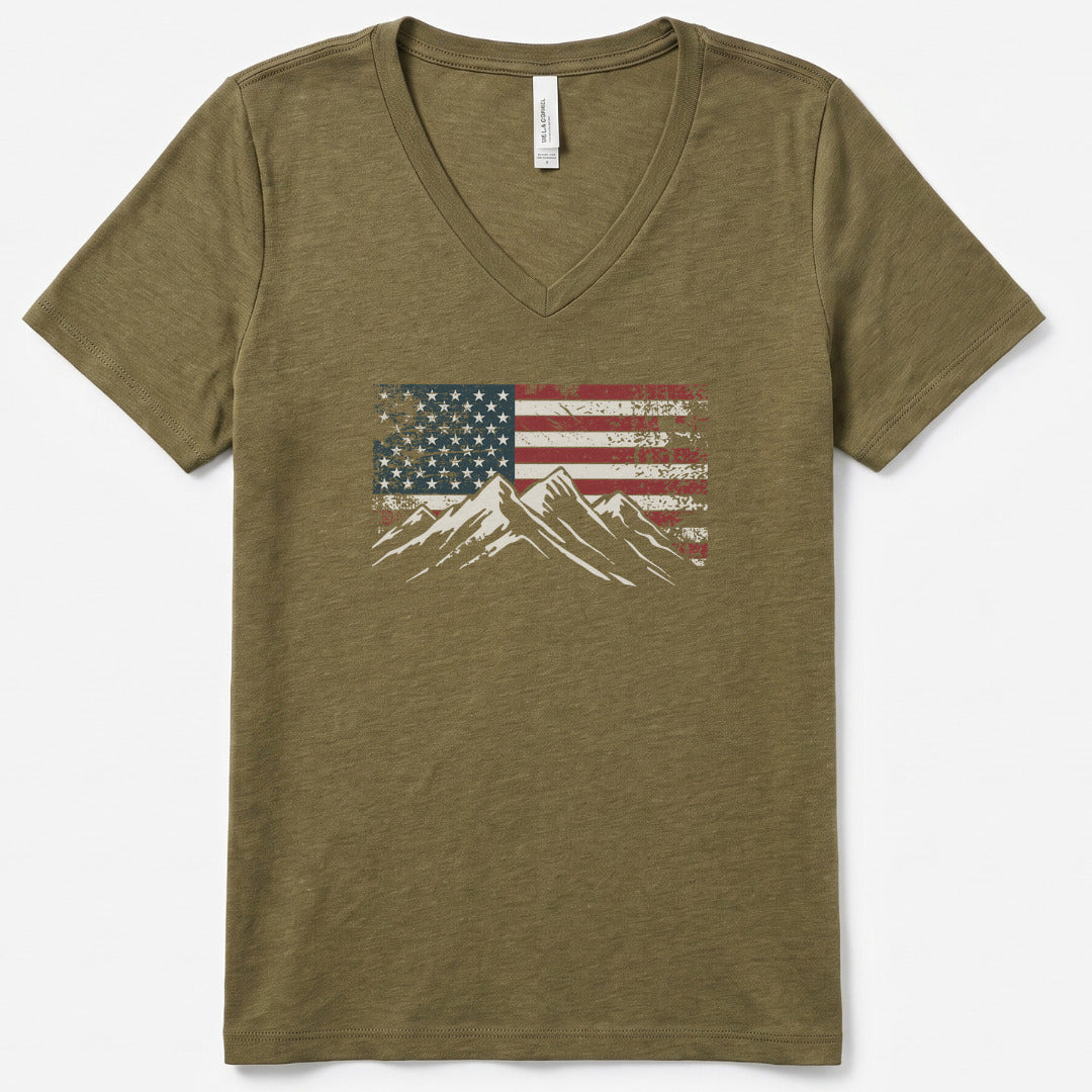 4th July Patriotic Peaks V-Neck Heather - women's relaxed v-neck tee in Heather Olive from Summit Soul