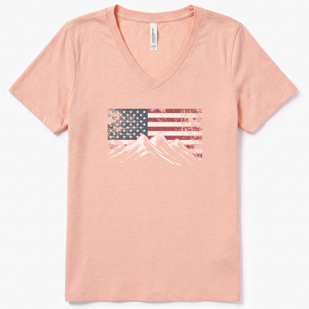 4th July Patriotic Peaks V-Neck Heather - women's relaxed v-neck tee in Heather Peach from Summit Soul