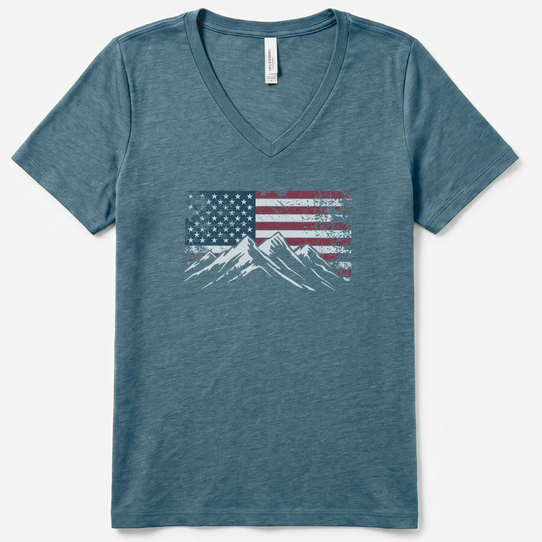 4th July Patriotic Peaks V-Neck Heather - women's relaxed v-neck tee in Heather Slate from Summit Soul