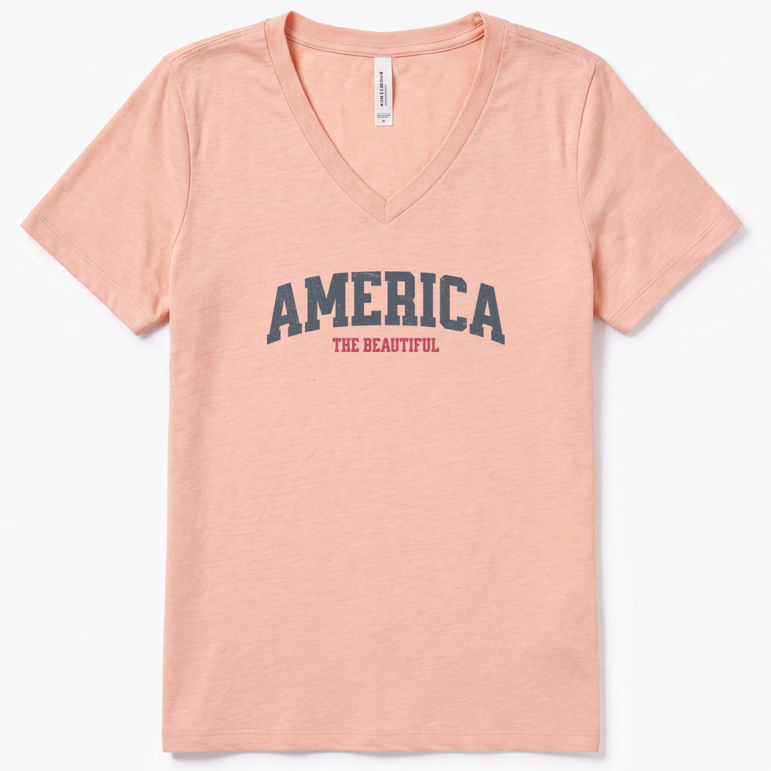 America The Beautiful V-Neck Heather - women's relaxed v-neck tee in Heather Peach from Summit Soul