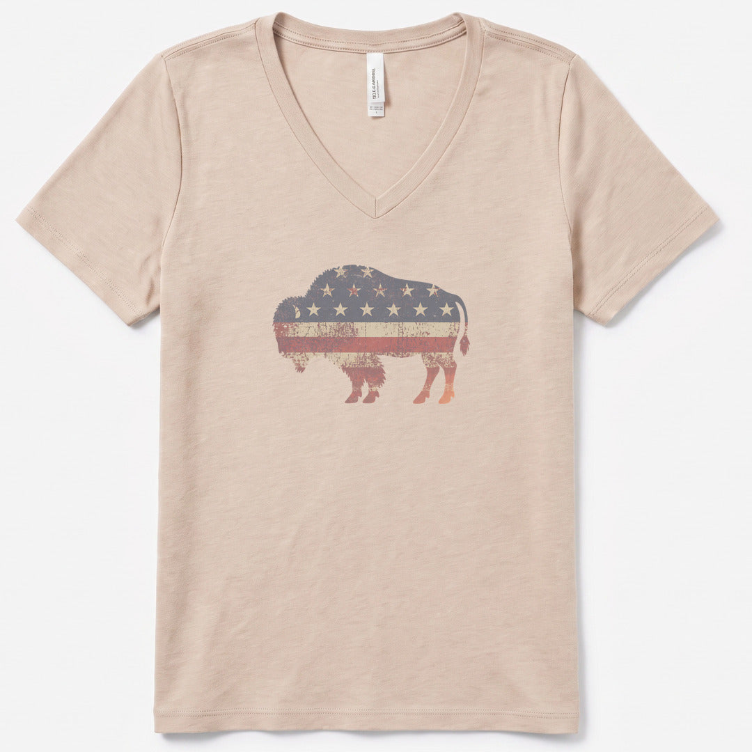 American Bison V-Neck Heather - women's relaxed v-neck tee in Heather Dust from Summit Soul