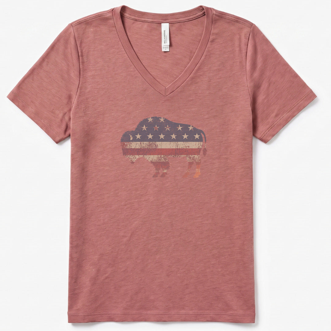 American Bison V-Neck Heather - women's relaxed v-neck tee in Heather Mauve from Summit Soul
