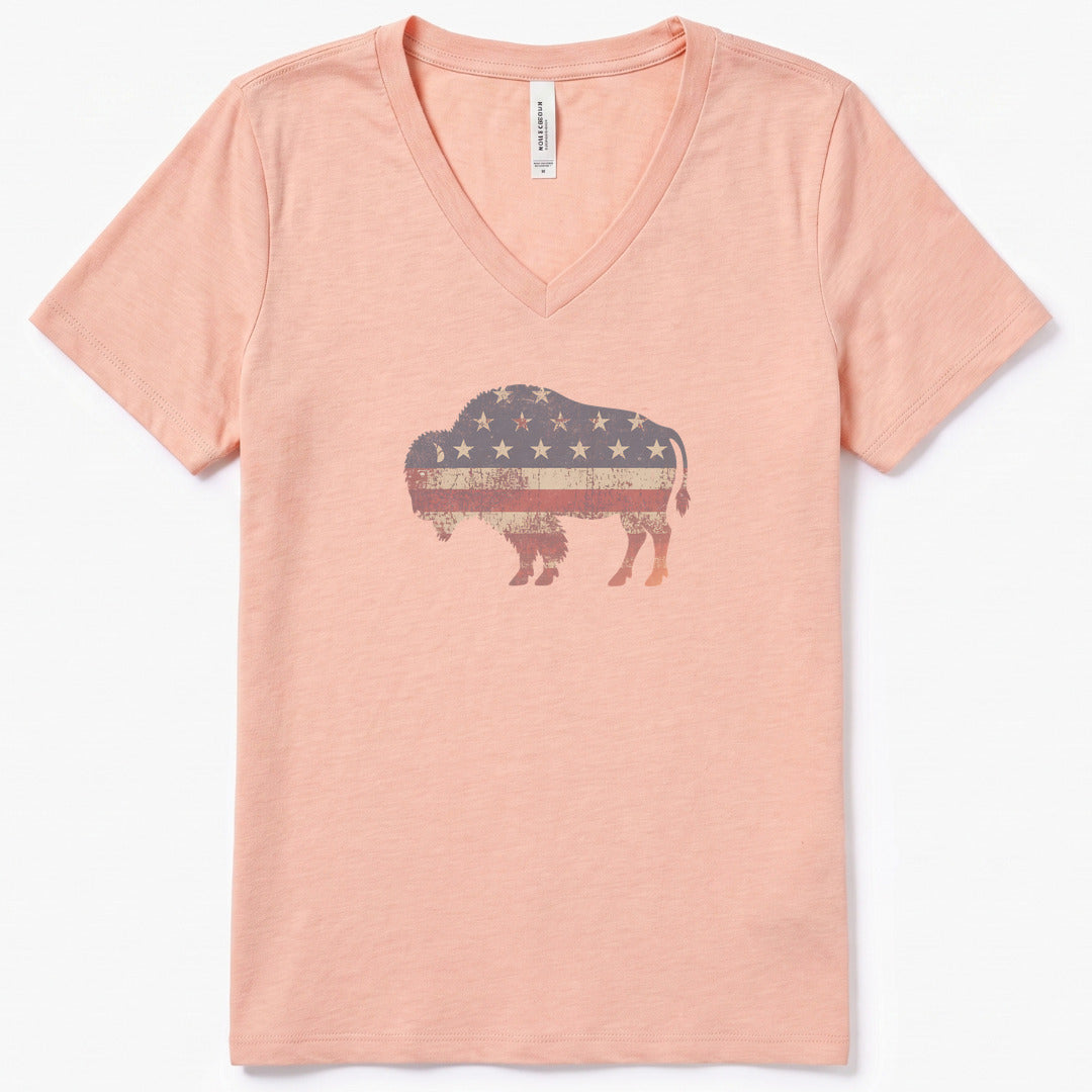 American Bison V-Neck Heather - women's relaxed v-neck tee in Heather Peach from Summit Soul