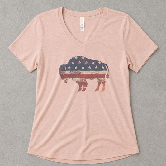 American Bison V-Neck Heather - women's relaxed v-neck tee in Heather Peach from Summit Soul