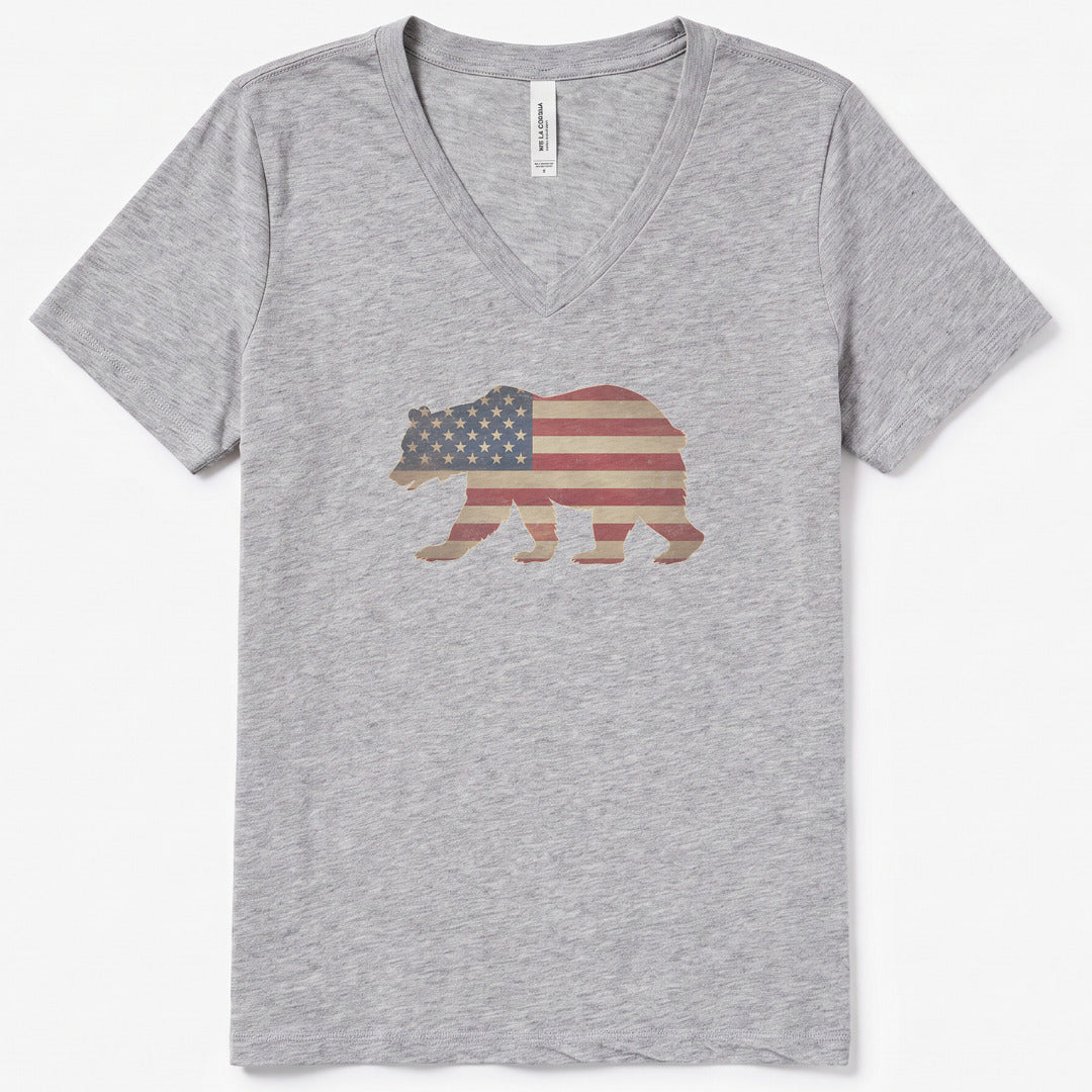 Patriotic Bear V-Neck Heather - women's relaxed v-neck tee in Athletic Heather from Summit Soul