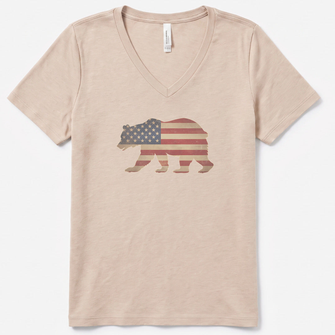 Patriotic Bear V-Neck Heather - women's relaxed v-neck tee in Heather Dust from Summit Soul
