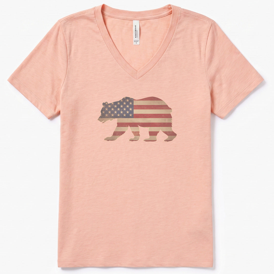 Patriotic Bear V-Neck Heather - women's relaxed v-neck tee in Heather Peach from Summit Soul