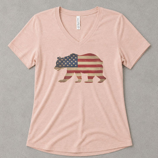 Patriotic Bear V-Neck Heather - women's relaxed v-neck tee in Heather Peach from Summit Soul