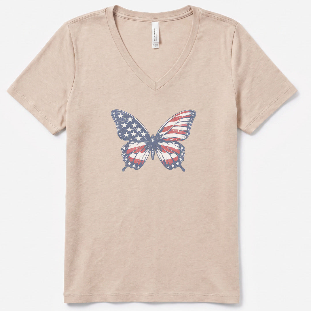 Patriotic Butterfly V-Neck Heather - women's relaxed v-neck tee in Heather Dust from Summit Soul
