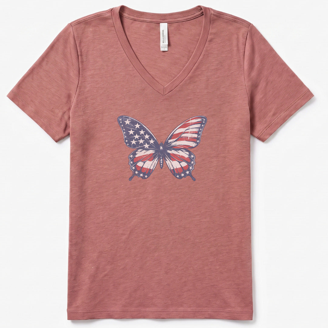 Patriotic Butterfly V-Neck Heather - women's relaxed v-neck tee in Heather Mauve from Summit Soul