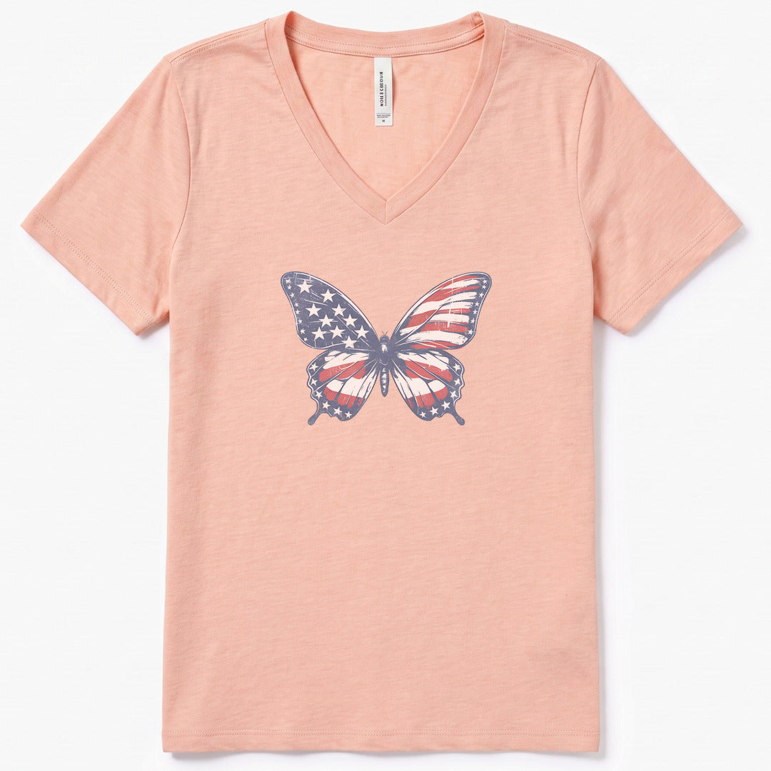Patriotic Butterfly V-Neck Heather - women's relaxed v-neck tee in Heather Peach from Summit Soul