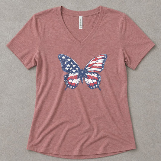 Patriotic Butterfly V-Neck Heather - women's relaxed v-neck tee in Heather Mauve from Summit Soul