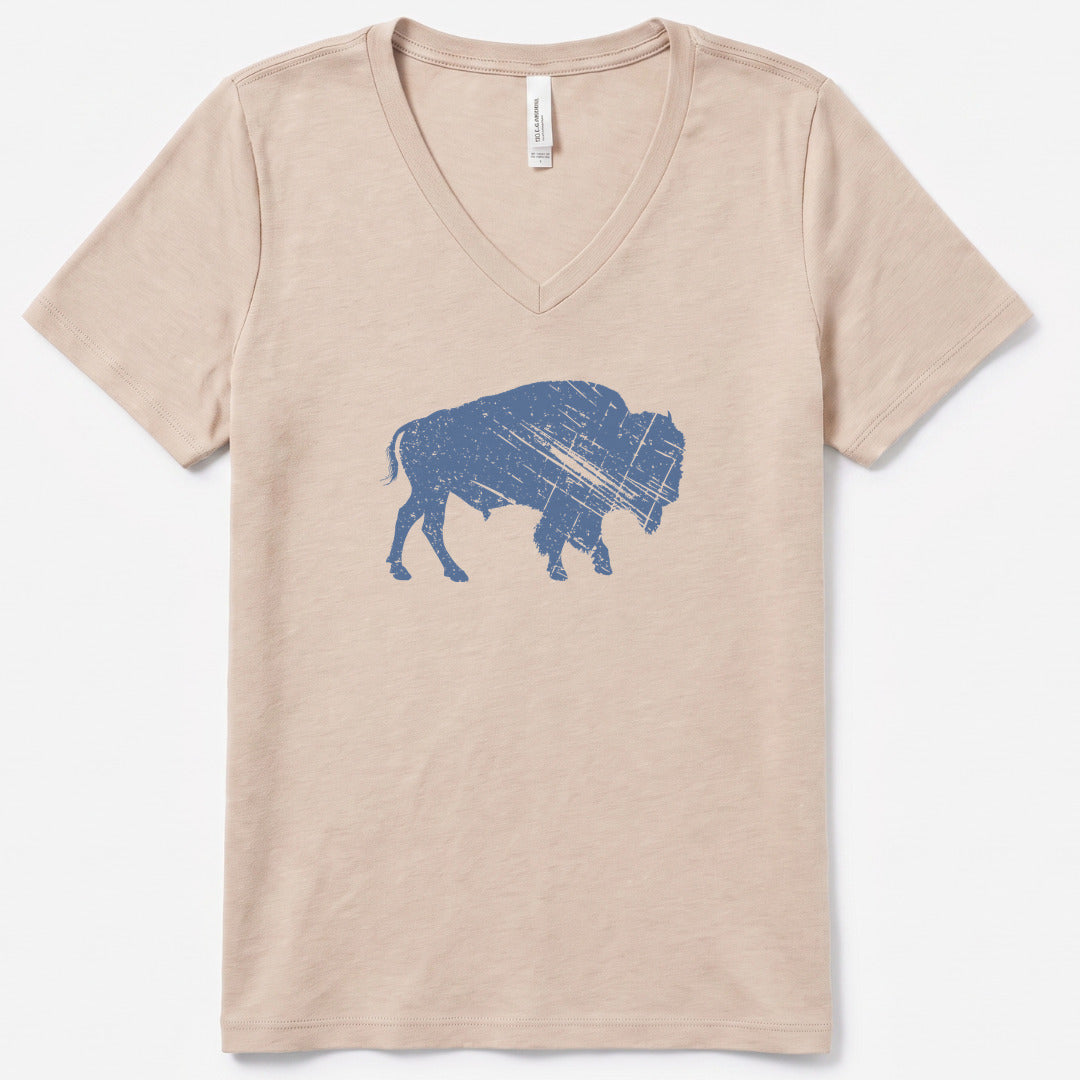 Heritage Bison V-Neck Heather - women's relaxed v-neck tee in Heather Dust from Summit Soul