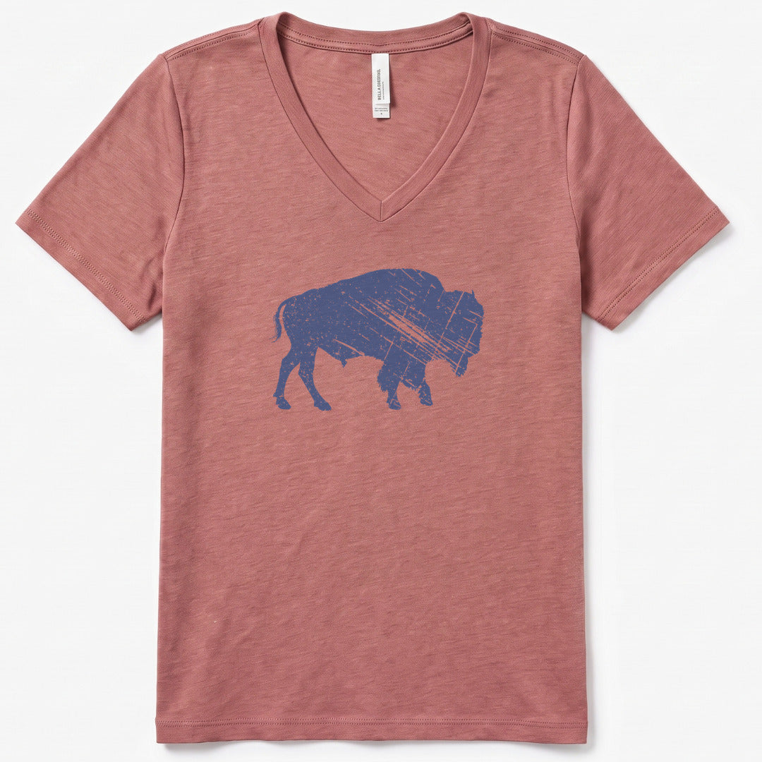Heritage Bison V-Neck Heather - women's relaxed v-neck tee in Heather Mauve from Summit Soul
