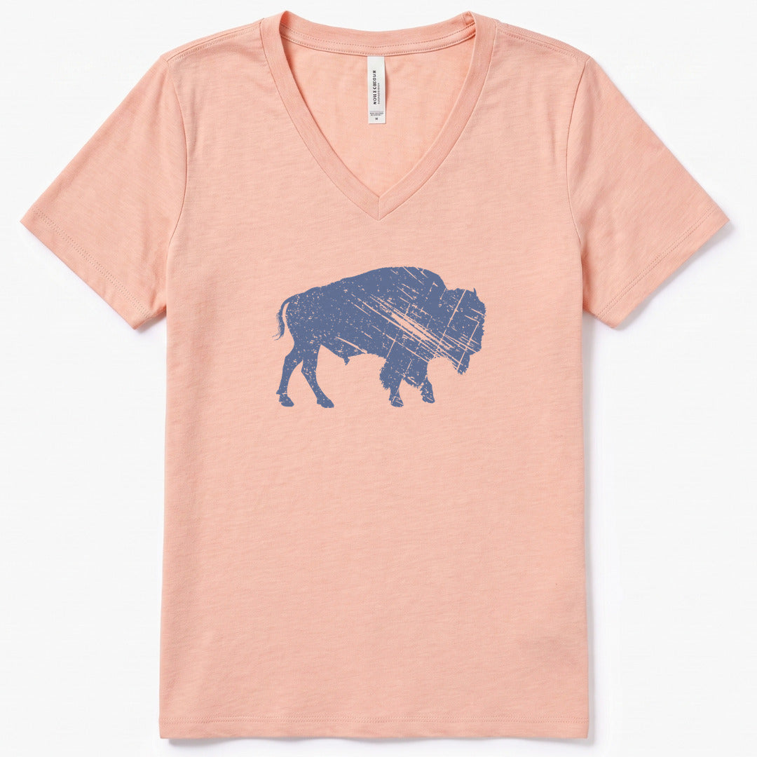 Heritage Bison V-Neck Heather - women's relaxed v-neck tee in Heather Peach from Summit Soul