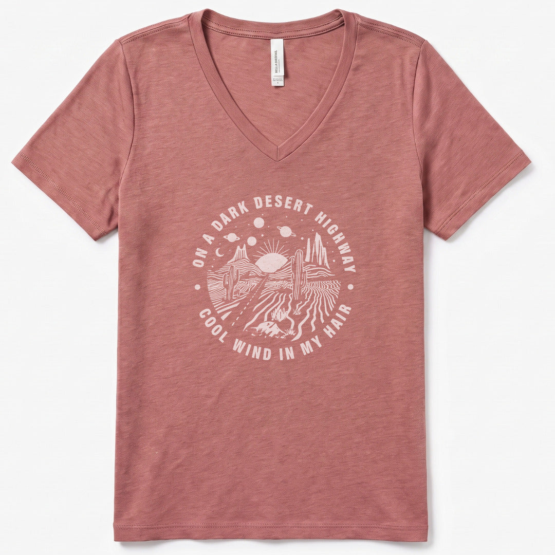 Dark Desert Highway V-Neck Heather - women's relaxed v-neck tee in Heather Mauve from Summit Soul