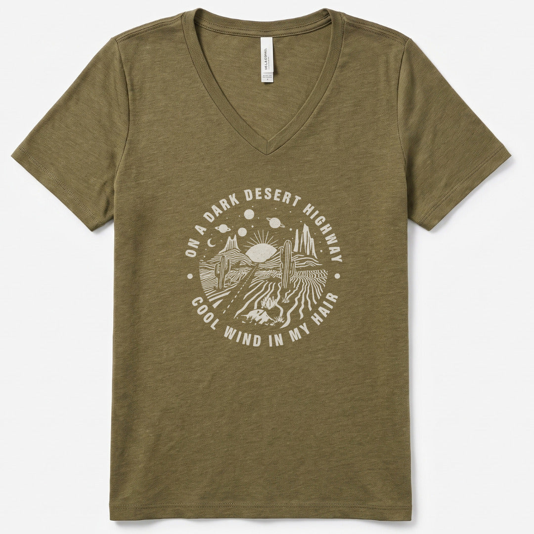 Dark Desert Highway V-Neck Heather - women's relaxed v-neck tee in Heather Olive from Summit Soul