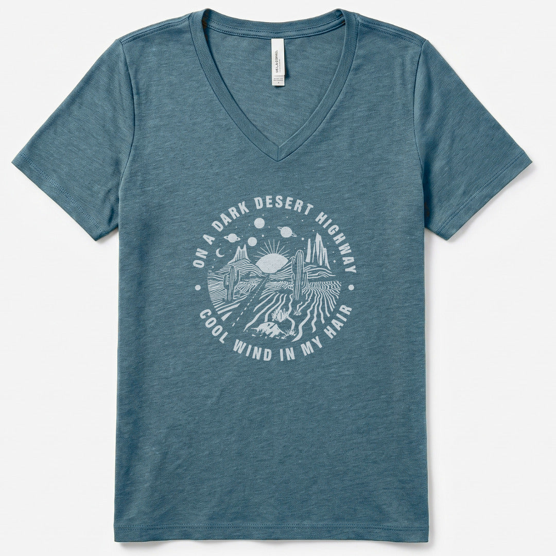 Dark Desert Highway V-Neck Heather - women's relaxed v-neck tee in Heather Slate from Summit Soul