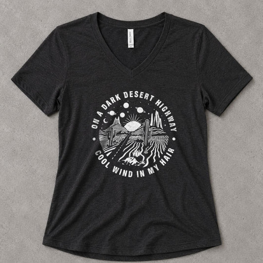 Dark Desert Highway V-Neck Heather - women's relaxed v-neck tee in Black Heather from Summit Soul