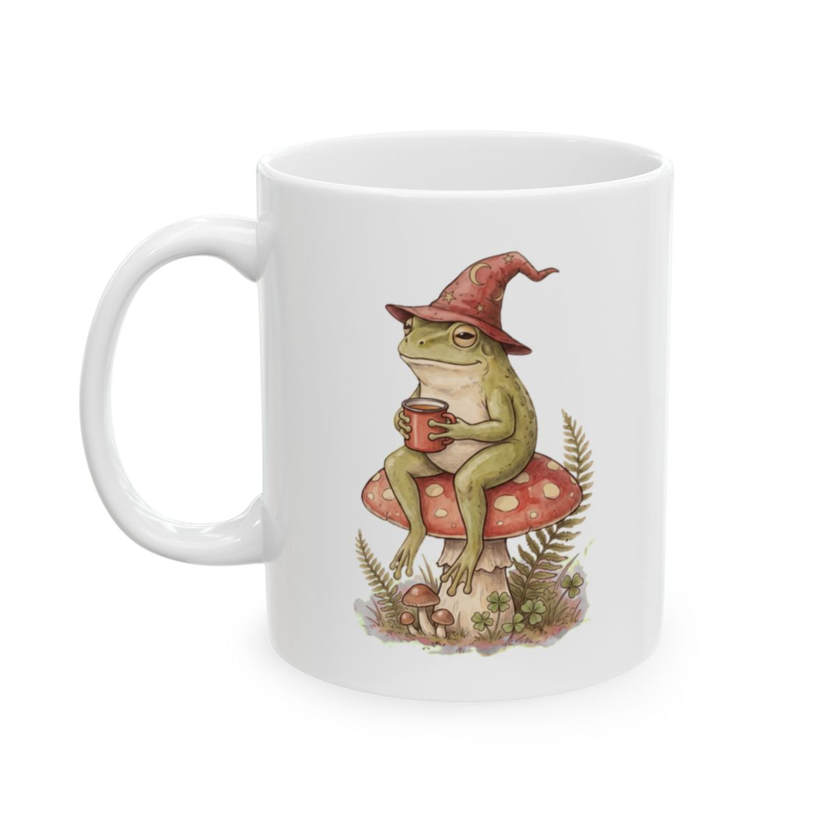 Frog Toadstool Tea Mug - 11oz white ceramic mug