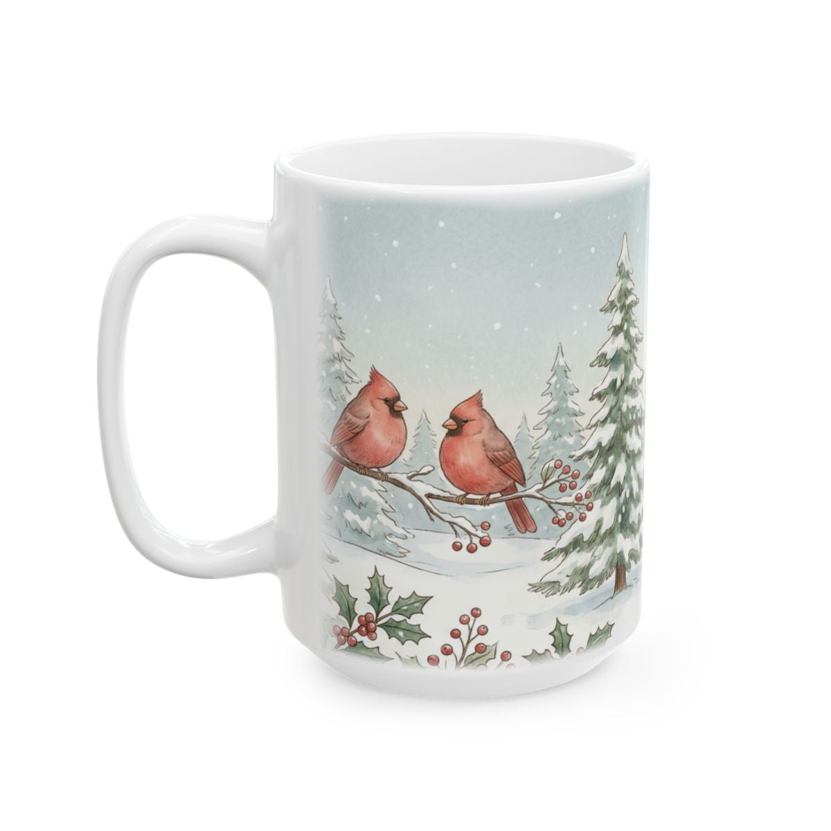 Snowy Cardinal Forest Mug - 15oz white ceramic mug