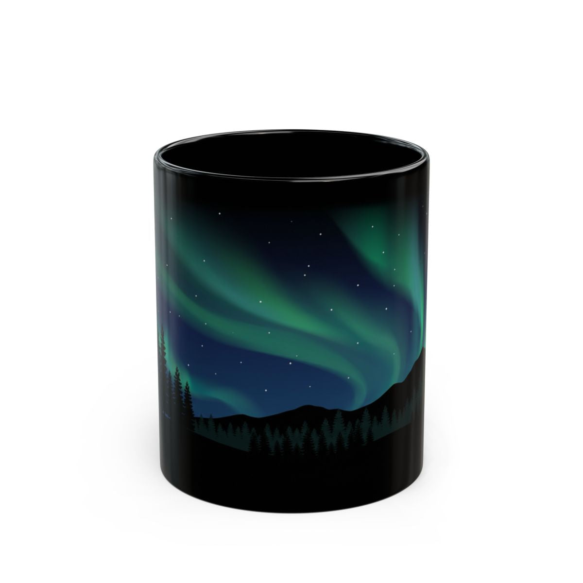 Northern Lights Pines Black Mug - 11oz black ceramic mug
