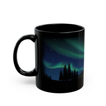 Northern Lights Pines Black Mug - 11oz black ceramic mug