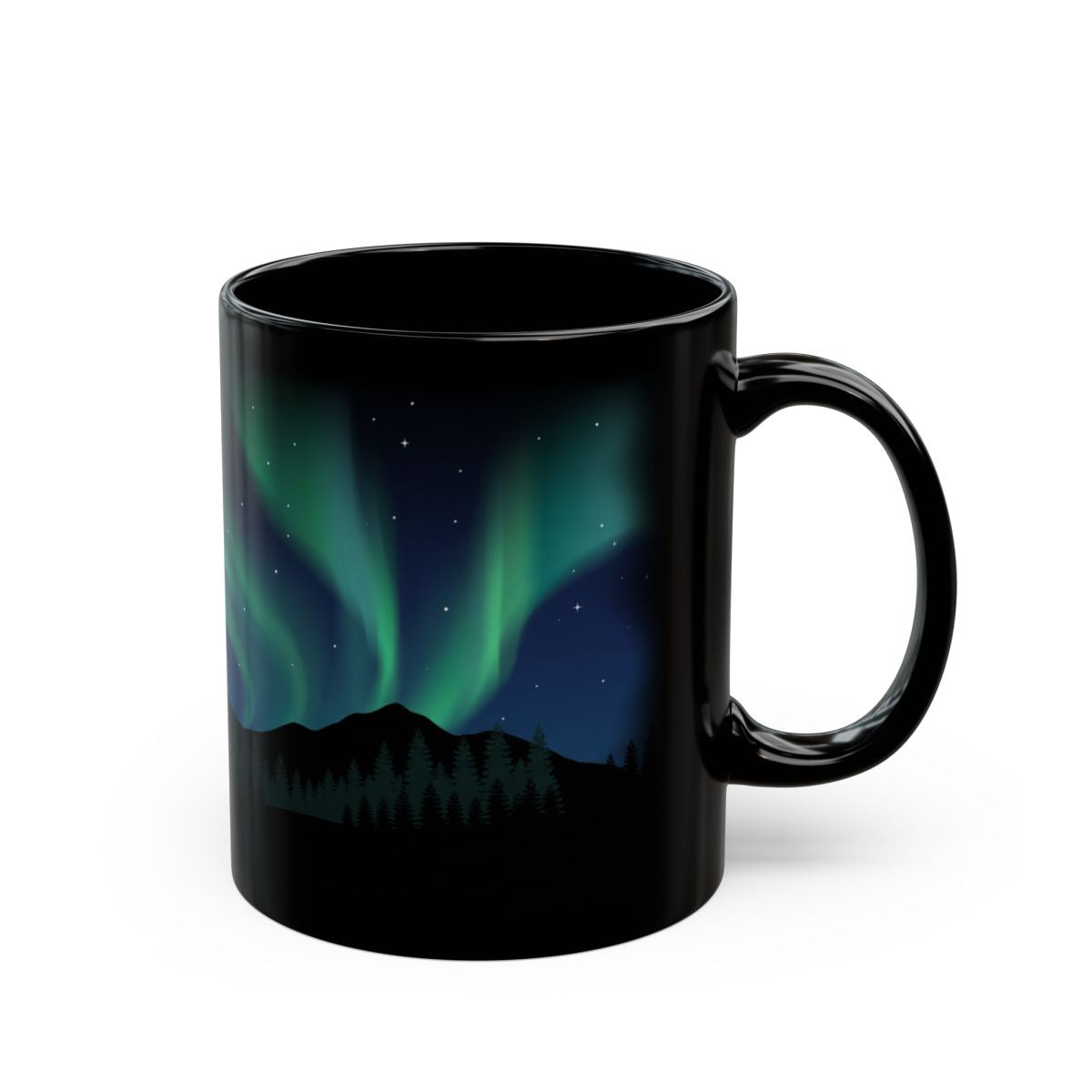 Northern Lights Pines Black Mug - 11oz black ceramic mug