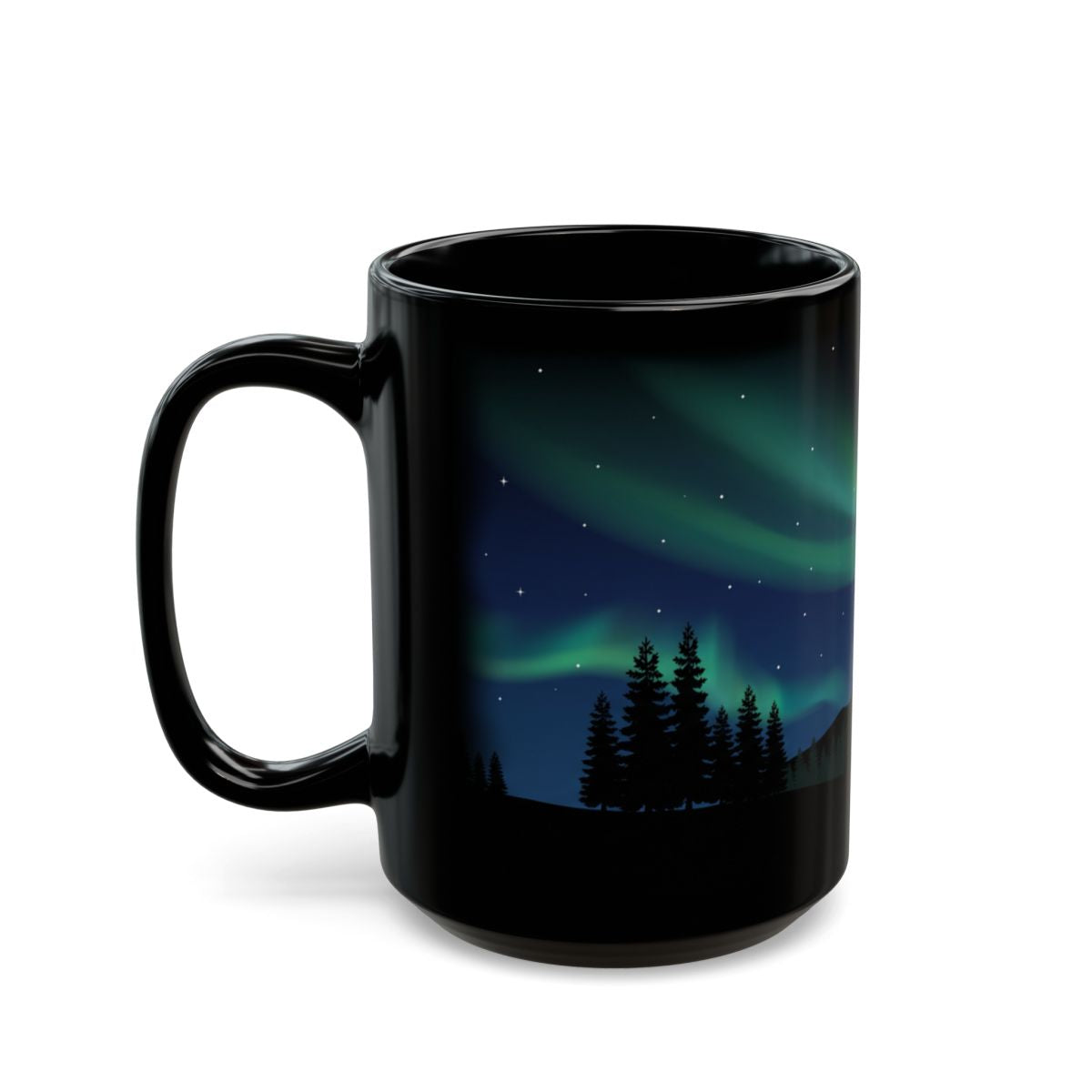 Northern Lights Pines Black Mug - 15oz black ceramic mug
