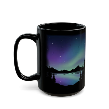 Violet Aurora Peaks Black Mug - 15oz black ceramic mug