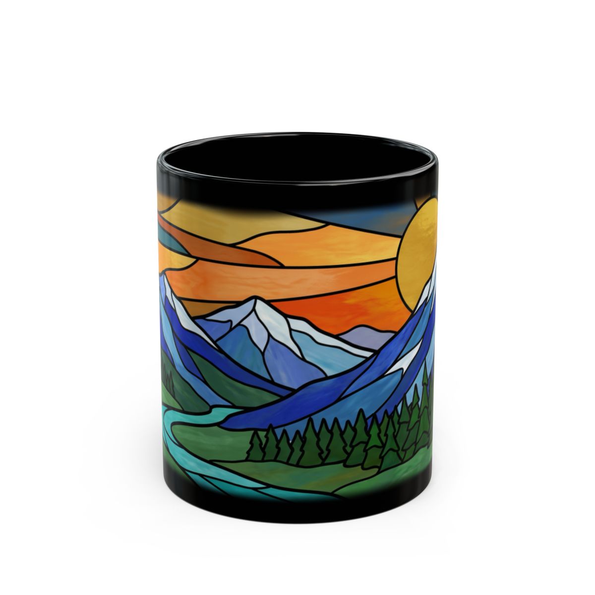 Stained Glass Sunset Peaks Black Mug - 11oz black ceramic mug
