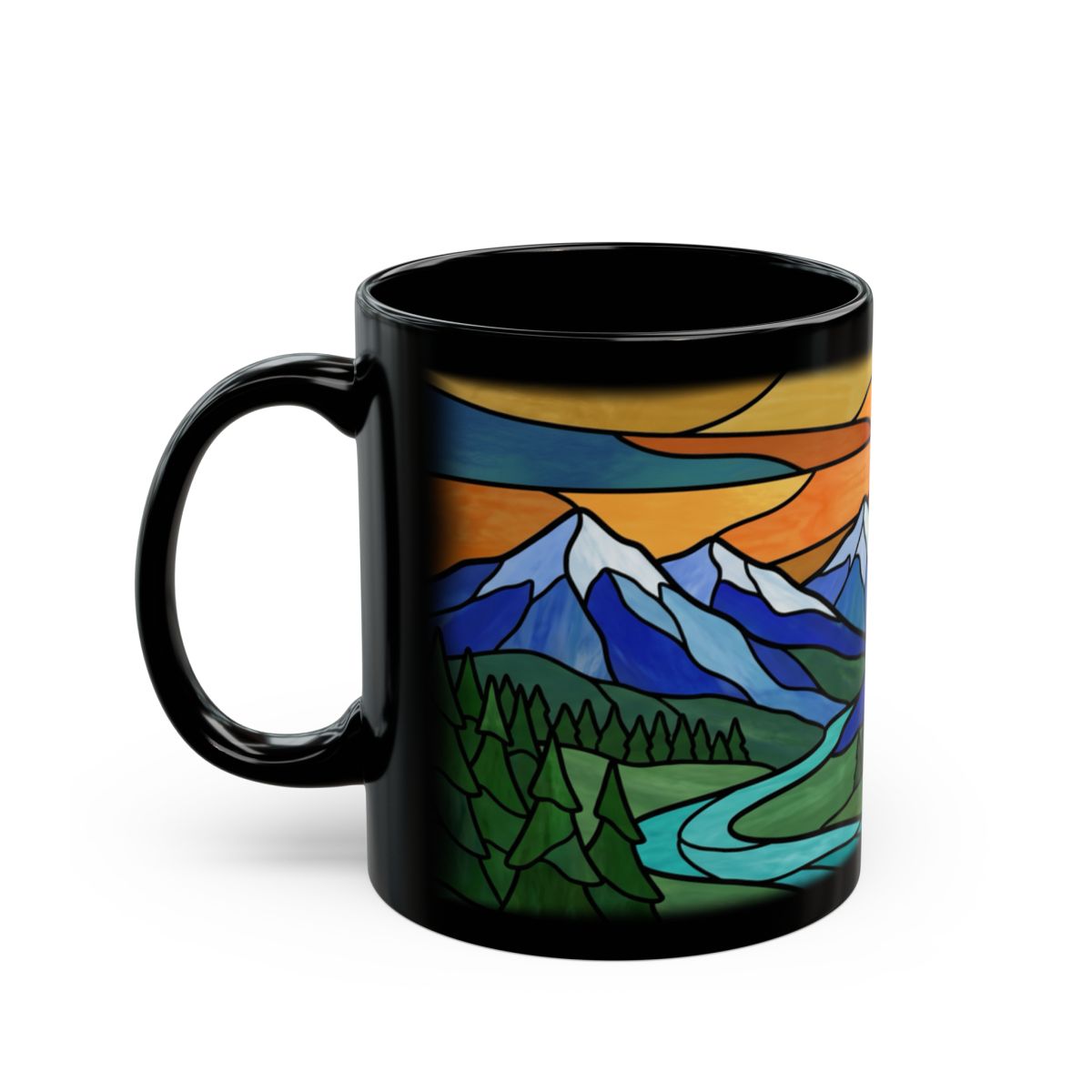 Stained Glass Sunset Peaks Black Mug - 11oz black ceramic mug