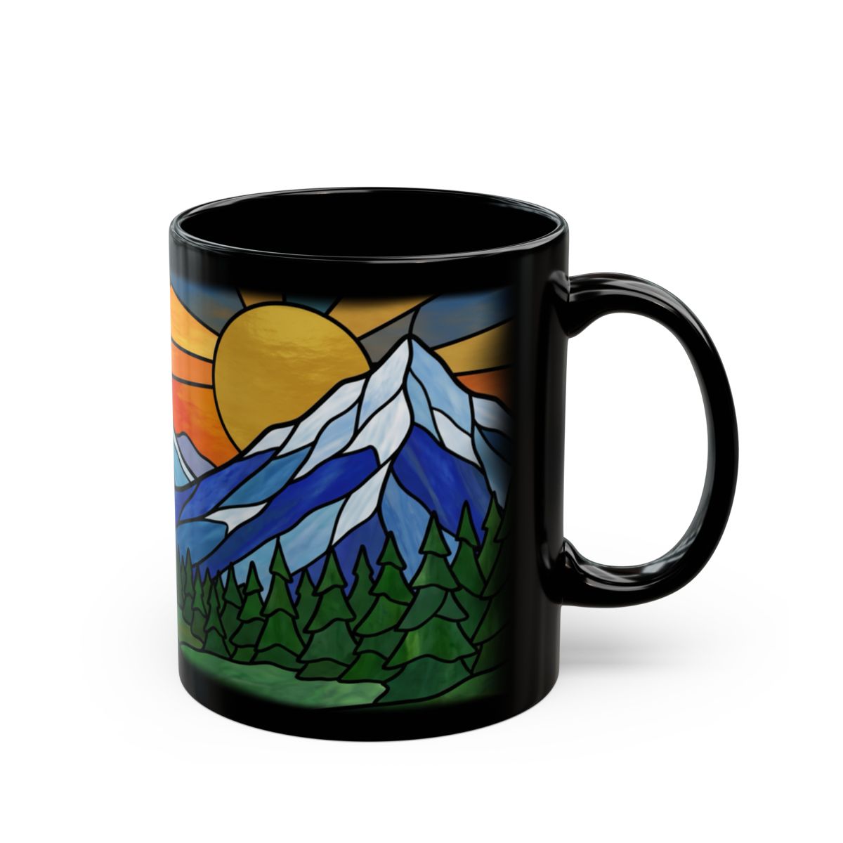Stained Glass Sunset Peaks Black Mug - 11oz black ceramic mug