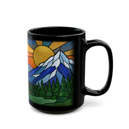 Stained Glass Sunset Peaks Black Mug - 15oz black ceramic mug
