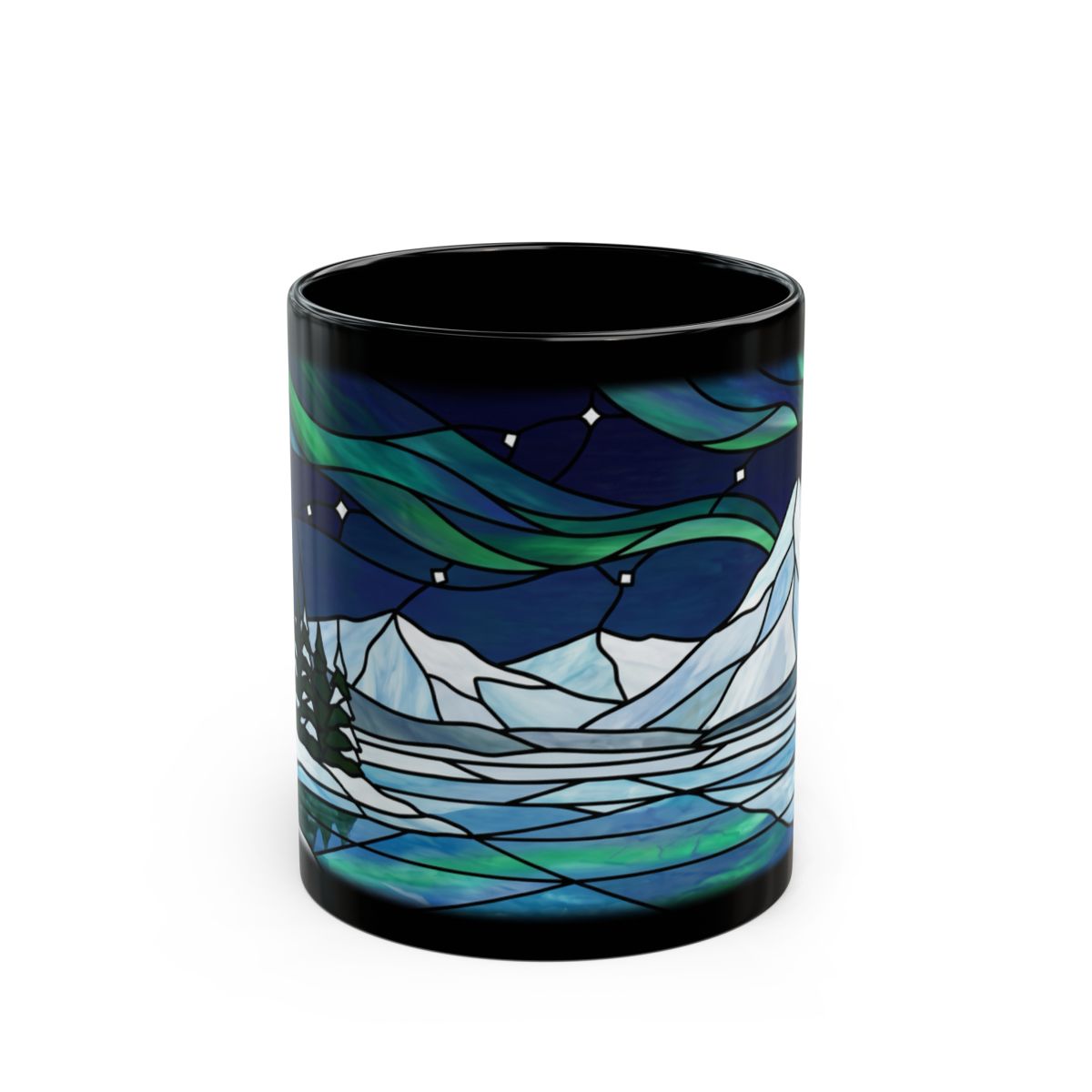 Stained Glass Aurora Lake Black Mug - 11oz black ceramic mug