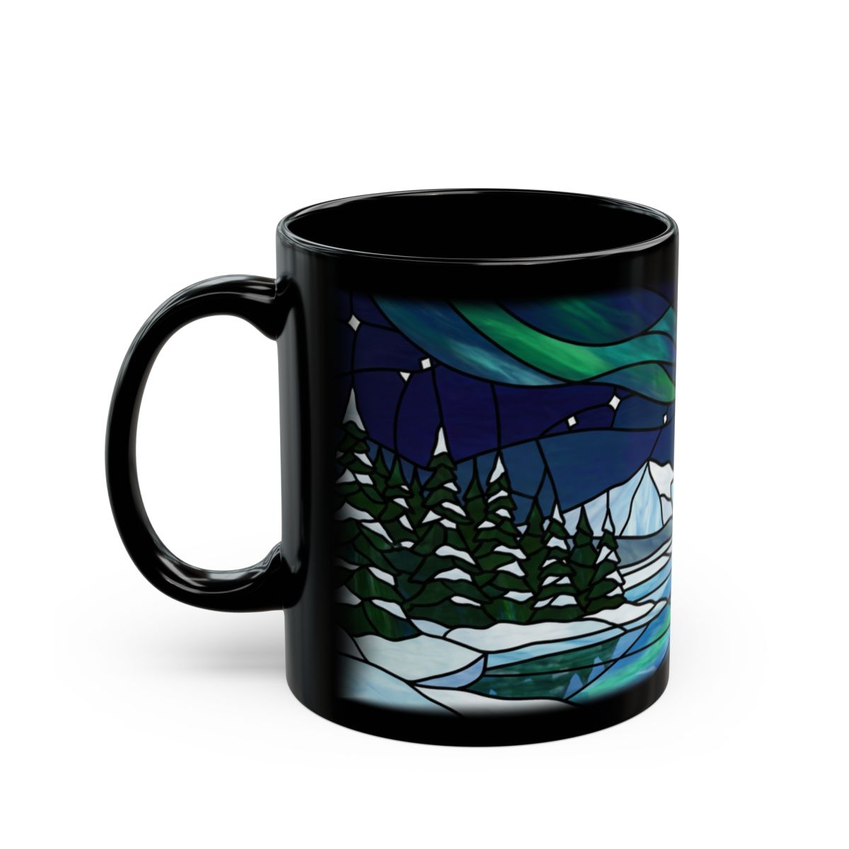 Stained Glass Aurora Lake Black Mug - 11oz black ceramic mug