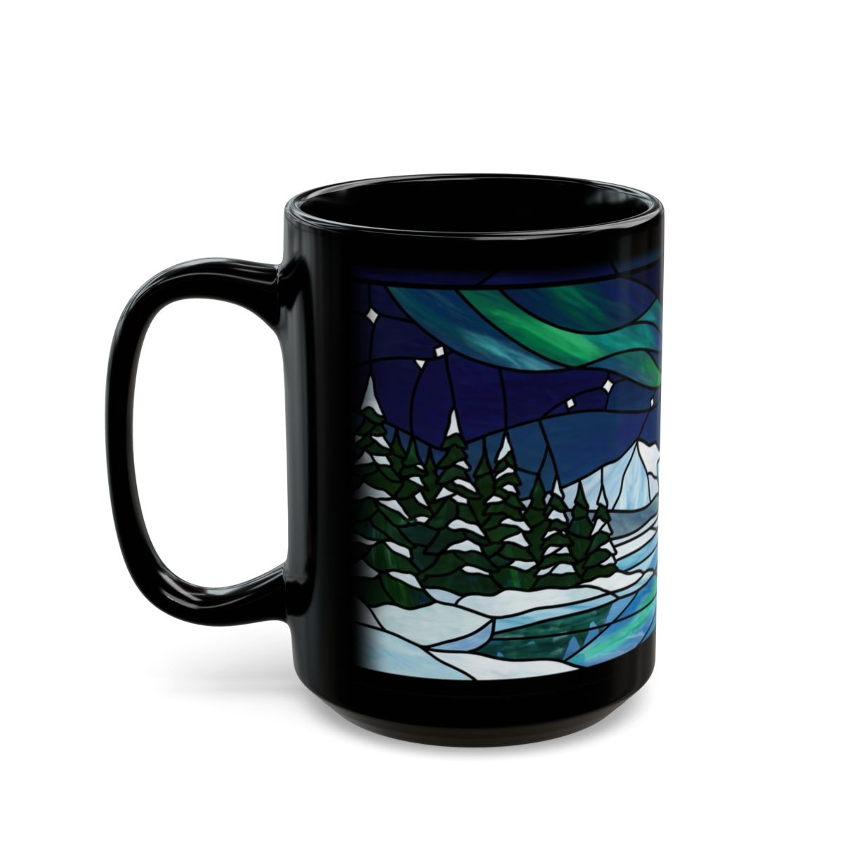 Stained Glass Aurora Lake Black Mug - 15oz black ceramic mug